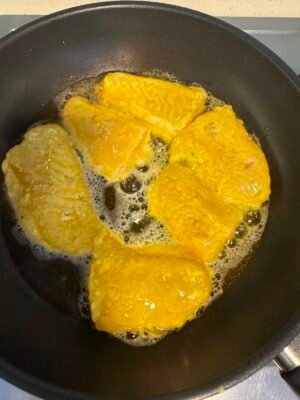 pan-fry fish or chicken pieces in butter and olive oil