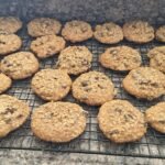 Freshly baked homemade oatmeal craisin cookies on a cooling rack