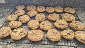 Freshly baked homemade oatmeal craisin cookies on a cooling rack